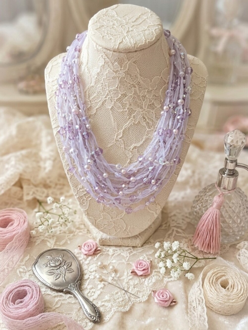 Multi Strand Lavender Ribbon Necklace Coquette Floating Beaded Collar Lilac